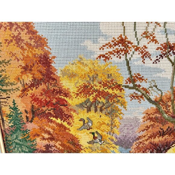 1997 Vintage Embroidered Picture Forest Lake Art With Wooden Frame 30" L x 25" H - Picture 7 of 16